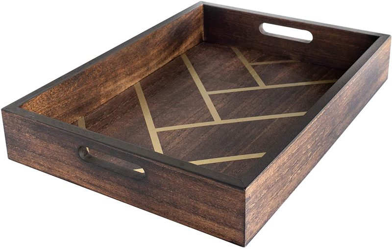 Decorative Coffee Table Tray - Wood with Gold Herringbone Design - 16.5 X 12 - for Ottoman, Serving Tray, Home Decor Home & Garden > Decor > Decorative Trays RubyHill   