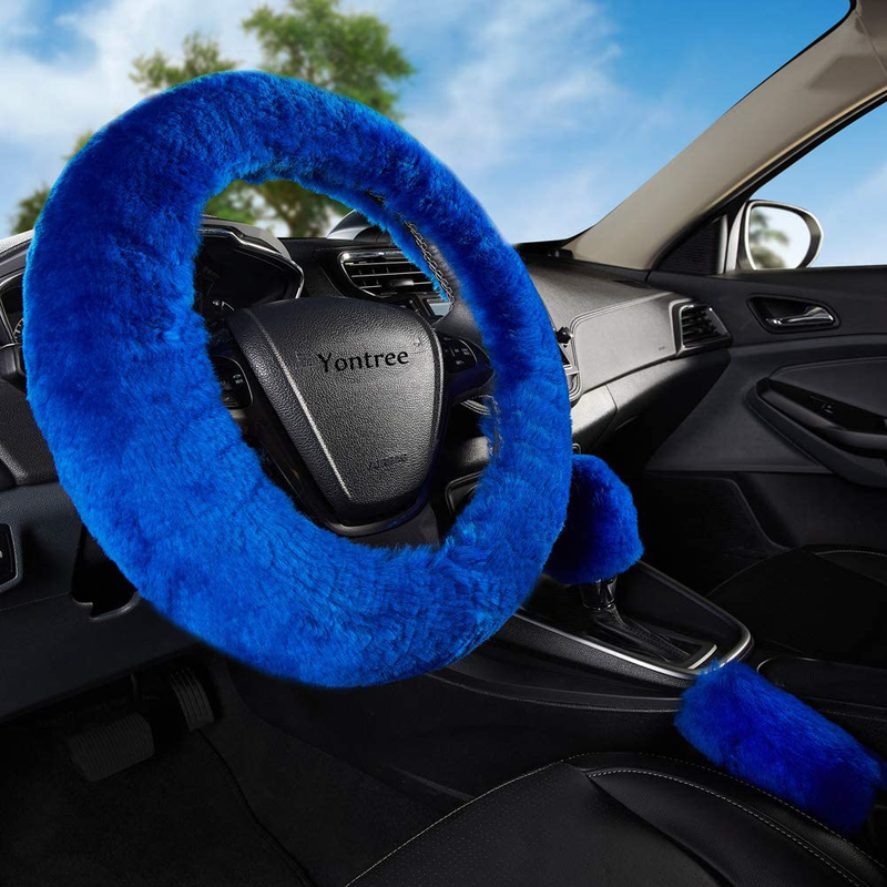 Yontree Fashion Fluffy Steering Wheel Covers for Women/Girls/Ladies Australia Pure Wool 15 Inch 1 Set 3 Pcs (Black) Vehicles & Parts > Vehicle Parts & Accessories > Vehicle Maintenance, Care & Decor > Vehicle Decor > Vehicle Steering Wheel Covers Yontree Blue Short Hair 