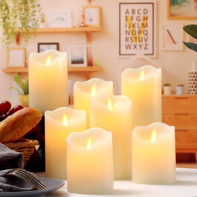 qinxiang Flameless Candles LED Candles Set of 7 (D:3" X H:4" 4" 5" 5" 6" 7" 8") Ivory Real Wax Pillar Battery Operated Candles with Dancing LED Flame 10-Key Remote and Cycling 24 Hours Timer Home & Garden > Decor > Home Fragrances > Candles qinxiang   