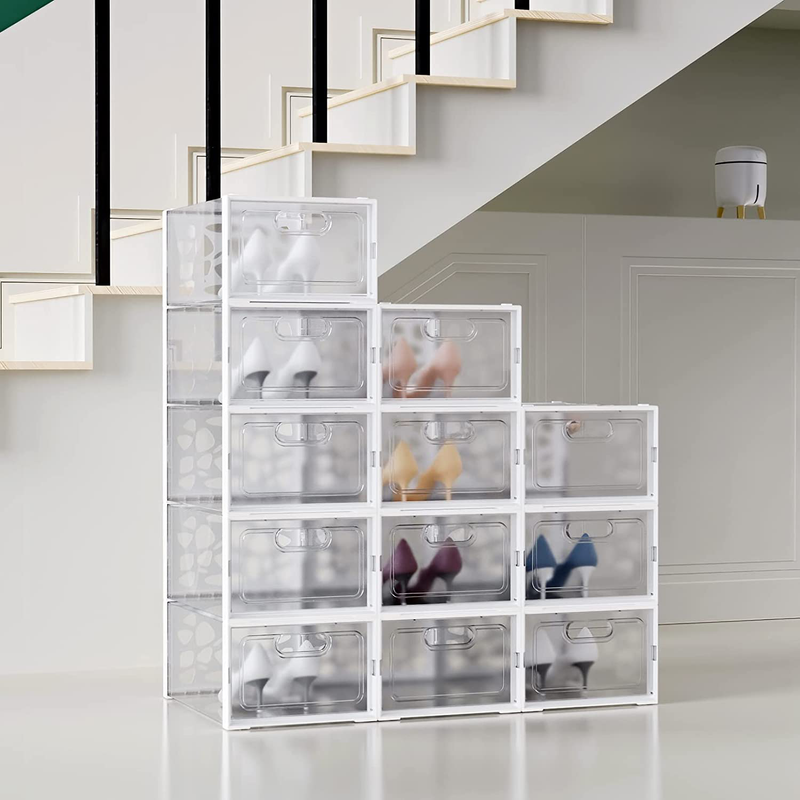 Shoe Storage, 12 Pack, Shoe Boxes Clear Plastic Stackable, 13” X 9” X 5.5”, Shoe Organizer for Closets, Easy to Assemble, Sturdy, Front Opening, Clear Shoe Containers Furniture > Cabinets & Storage > Armoires & Wardrobes WALL QMER   