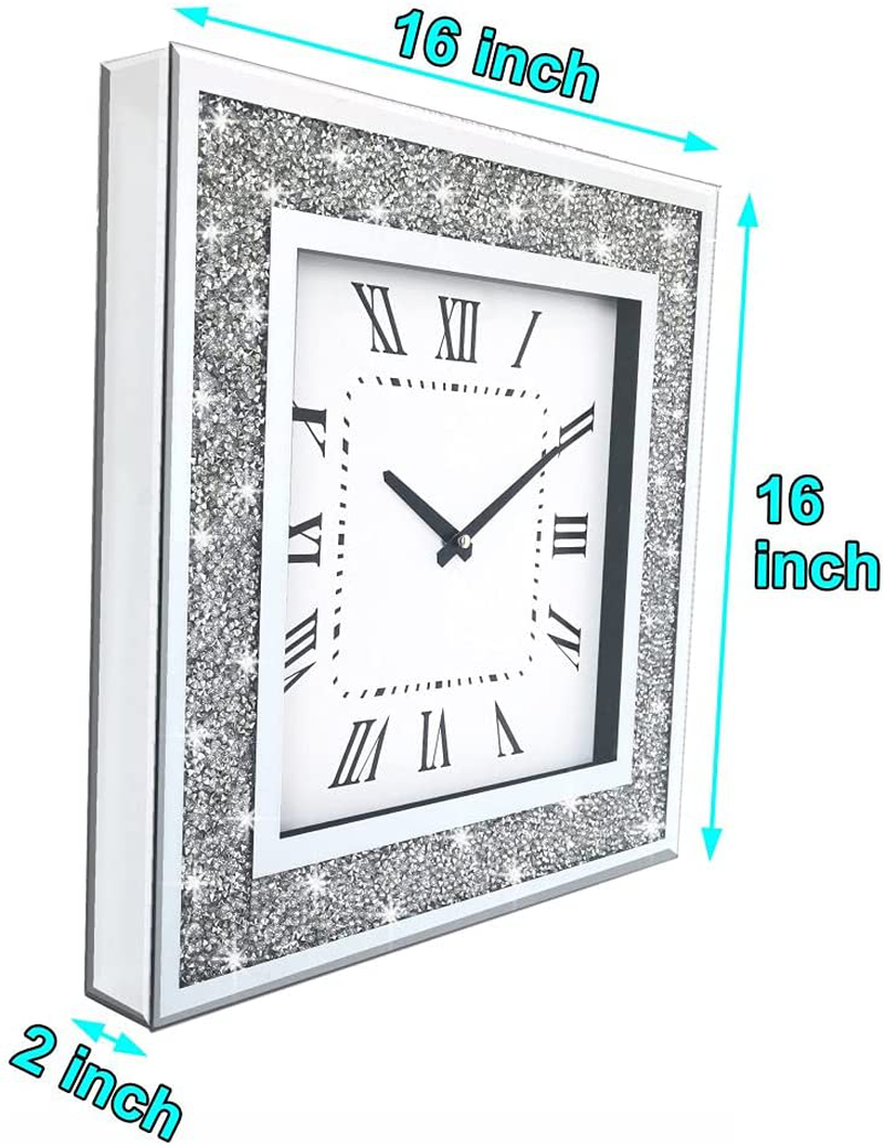 Crystal Crush Diamond Mirrored Square Wall Clock with Sparkle Twinkle Bling Diamond Decor for Wall Decoration, Decorative Silver Mirror Quartz Clock. Dimension 16x16 inch. AA Battery is not Included. Home & Garden > Decor > Clocks > Wall Clocks QMDECOR   