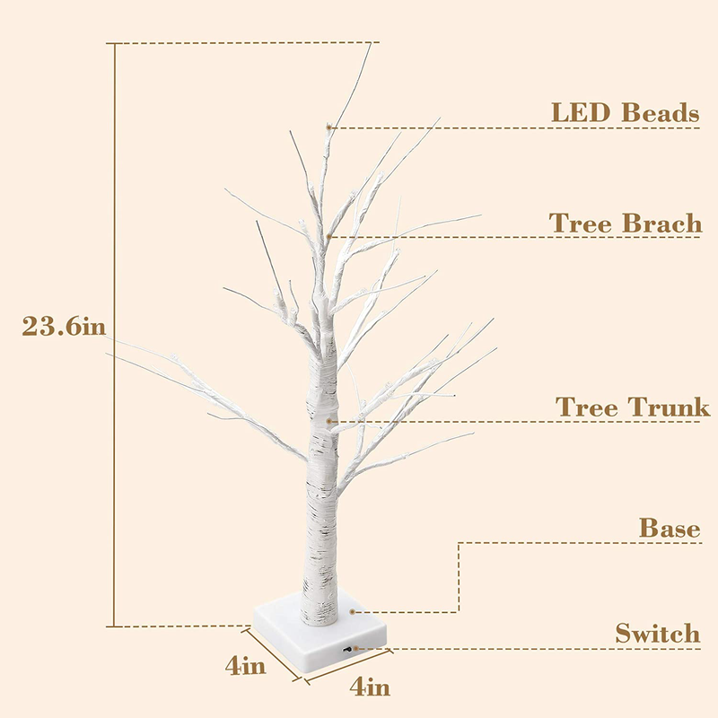 Set of 2 JACKYLED 2FT 28 LED Birch Tree Light Battery Operated Warm White Birch Lighted Tree Tabletop Bonsai Light Jewelry Holder Decor for Home Decorations, Wedding, Holiday