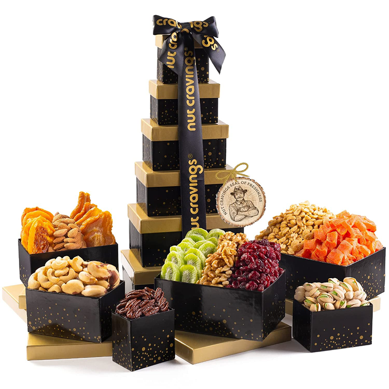 Dried Fruit & Nuts Gift Basket Black Tower + Ribbon (12 Piece Set) Valetines Day 2022 Idea Food Arrangement Platter, Birthday Care Package Variety, Healthy Kosher Snack Box for Adults Prime Home & Garden > Decor > Seasonal & Holiday Decorations Nut Cravings A - Elegent Tower  