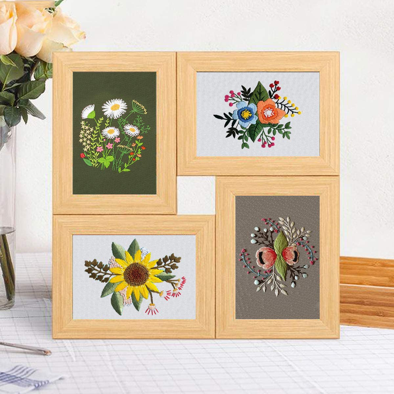 Louise Maelys 4Pack Embroidery Starters Kit with Pattern for Beginners Adults, Full Range of Stamped Cross Stitch Kit Set with Embroidery Hoop Cloth Thread Needlepoint Kit Floral Series