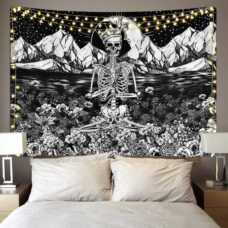 Skull Floral Tapestry Meditation Skeleton Tapestries Mountain Wave Tapestry Moon and Star Tarot Tapestry Starry Black and White Tapestry(51.2 x 59.1 inches) Home & Garden > Decor > Artwork > Decorative Tapestries Romeooera   