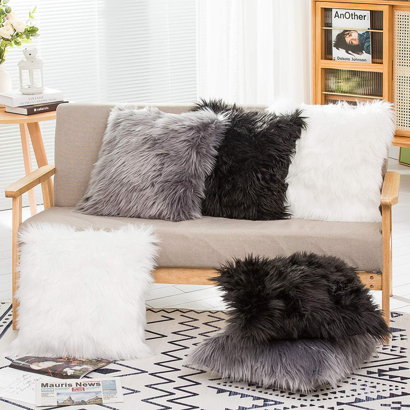 HYSEAS Set of 2 Decorative Faux Fur Throw Pillow Covers, White Fluffy Soft Fuzzy Square Cushion Cover Pillow Case for Sofa, Couch, Chair, Bed, Cafe, 18 X 18 Inches Home & Garden > Decor > Chair & Sofa Cushions HYSEAS   