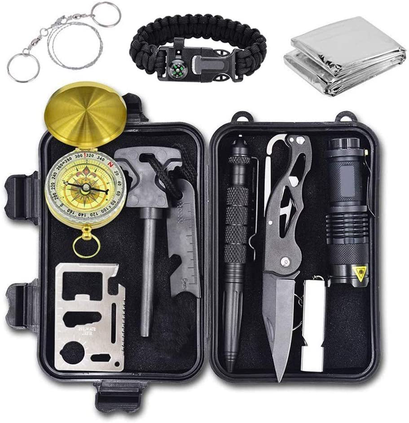 Emergency Survival Kit, 12 in 1 Outdoor Survival Gear Lifesaving Tools Contains Compass, Fire Starter, Flashlights for Camping Hiking Wilderness Adventures and Disaster Preparedness Sporting Goods > Outdoor Recreation > Camping & Hiking > Camping Tools Alritz   