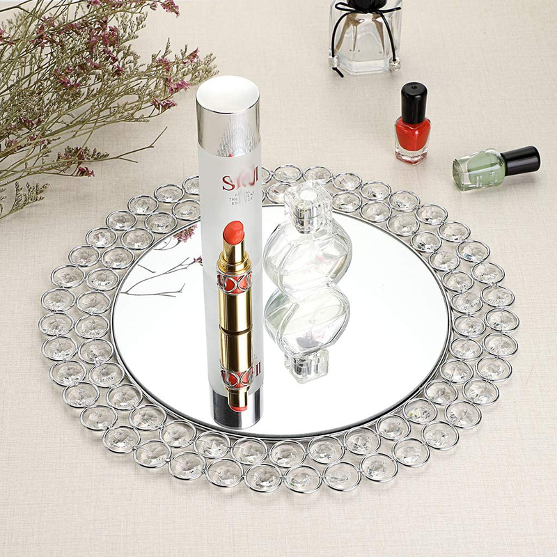 Hipiwe Crystal Mirrored Jewelry Tray Cosmetic Organizer Vanity Tray Plate Decorative Dresser Tray Table Perfume Tray Makeup Storage Tray, 11.6 Inches