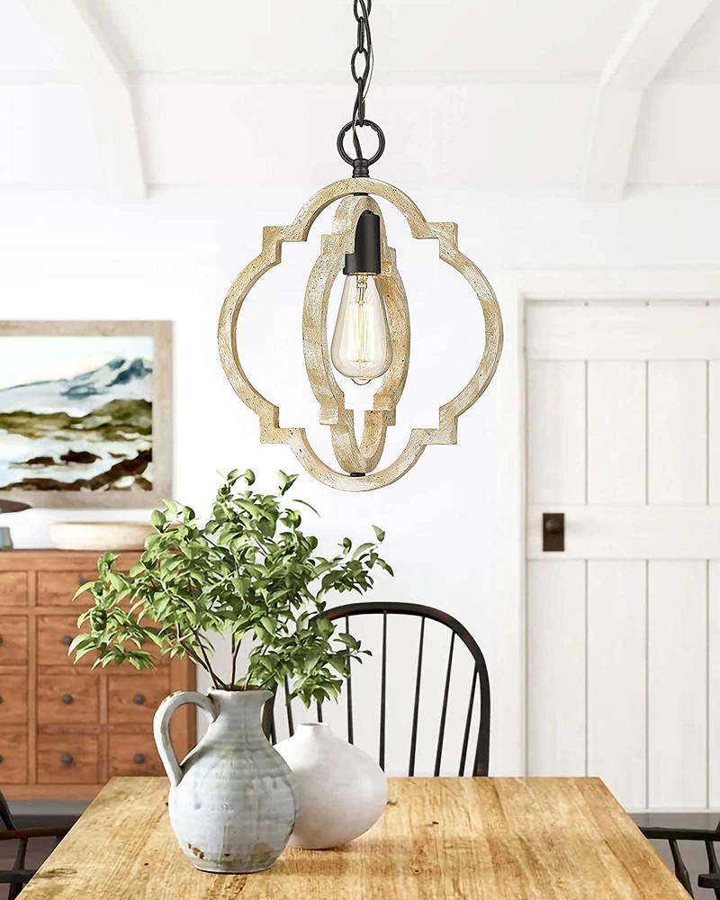 Farmhouse Wood Pendant Light, CALDION Kitchen Chandelier with Wood and Metal, 1-Light Ceiling Hanging Light Fixture for Dining Room Living Room, 6808PL-GW Home & Garden > Lighting > Lighting Fixtures CALDION   