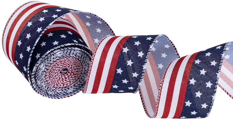 Red White Blue Stars and Stripes Wired Edge Ribbon, 10 Yards by 2.5 Inches (Style 2)