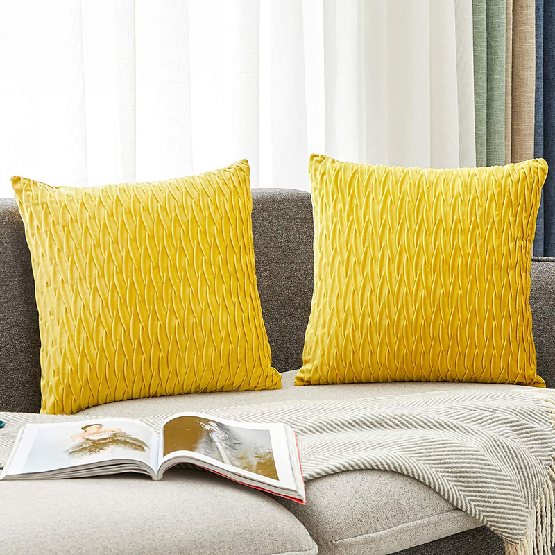 HOLLHOFF Mustard Yellow Throw Pillow Covers Decorative Striped Soft Velvet Square Cushion Case for Couch Living Room Sofa Home Decor Set of 2, 18 X 18 Inch (45Cm) No Inserts Home & Garden > Decor > Chair & Sofa Cushions HOLLHOFF C-yellow  