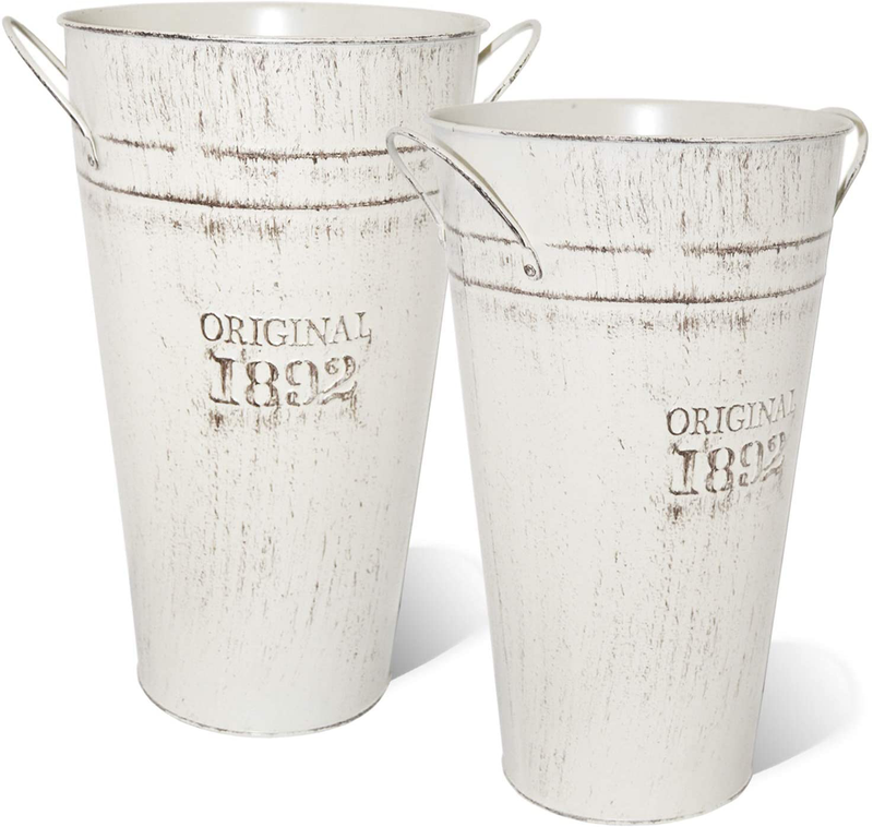 LESEN 12 Inch Vintage Metal Galvanized Flower Vase - Set of 2 - Farmhouse French Bucket - Table Centerpiece Rustic Home Decor for Fresh and Dried Floral Arrangements for Home and Weddings Home & Garden > Decor > Vases LESEN Vintage Off White（12 Inch）  