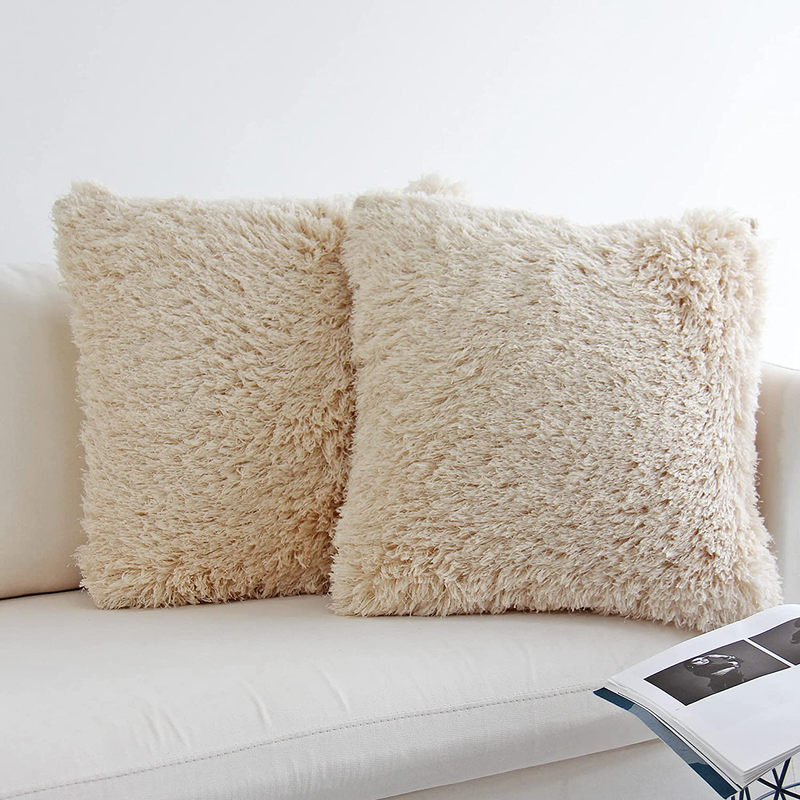 JOJUSIS Fluffy Decorative Throw Pillows Covers 18X18 Inch Luxury Soft Faux Fur Fleece Cushion Cover Pillowcase Pack of 2 Beige Home & Garden > Decor > Chair & Sofa Cushions JOJUSIS   