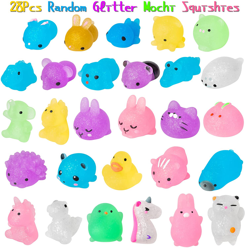 Haooryx 28Pcs Valentine'S Day Gifts Cards with Mochi Toys for Kids, Glitter Squeeze Mochi Toys Mini Kawaii Animals Stress Relief Anxiety Toys for School Prizes Classroom Gift Exchange Valentines Party