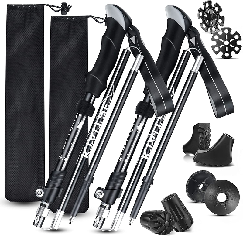 Kiaitre Trekking Poles for Hiking Collapsible – 2Pc Pack Hiking Poles with Double Lock Design, Aerospace Grade 7075 Aluminum Trekking Sticks for Hiking, Walking and Camping(Full Sets of Accessories)