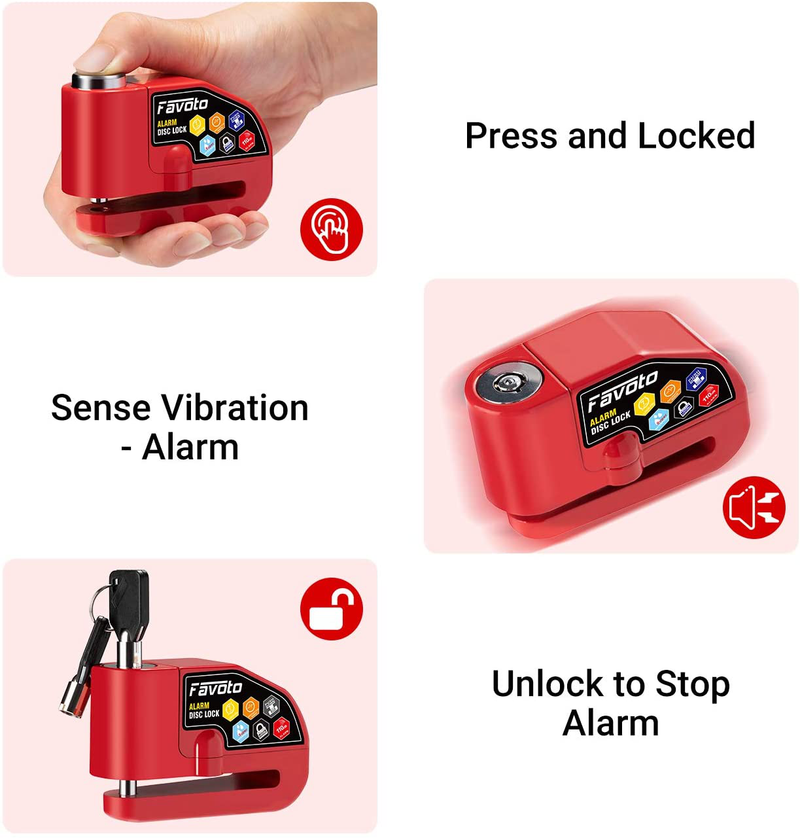 Favoto Disc Lock Alarm, 110 dB Alarm Sound Disc Brake Padlock for Motorcycle e-Bike Bicycle Scooter, 0.27 inch/7mm Lock Pin with Reminder Cable and Carrying Bag (Red)  Favoto   