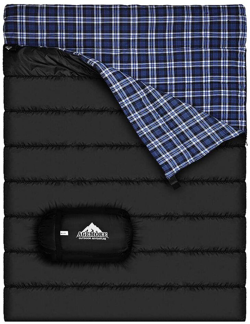 Cotton Flannel Double Sleeping Bag for Camping, Backpacking, or Hiking. Queen Size 2 Person Waterproof Sleeping Bag for Adults or Teens. Truck, Tent, or Sleeping Pad, Lightweight（Pillows NOT Include） Sporting Goods > Outdoor Recreation > Camping & Hiking > Sleeping Bags AGEMORE Black/ Blue  