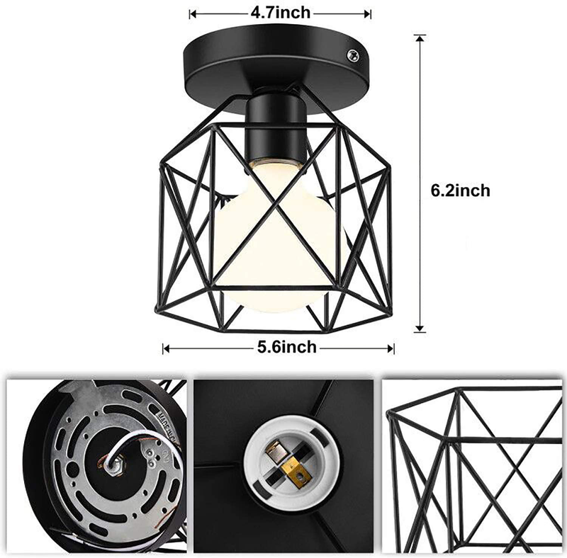 Industrial Ceiling Light Fixture 4 Pack, E26 Vintage Metal Semi Flush Mount Ceiling Light Fixtures, Rustic Cage Light Fixture for Hallway Stairway Kitchen Farmhouse, Black
