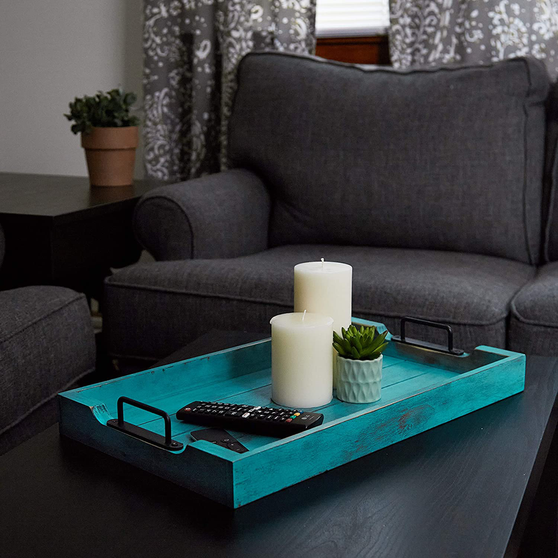 TIDEWATER DESIGN Decorative Wood Serving Tray with Vintage Finish and Handles - for coffee table and ottoman (Teal) Home & Garden > Decor > Decorative Trays Tidewater Design   