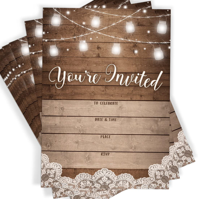 Rustic Fill-in Party Invitations, 25 Invites and Envelopes, Bridal Shower, Baby Shower, Rehearsal Dinner, Birthday Party, and Anniversary Parties