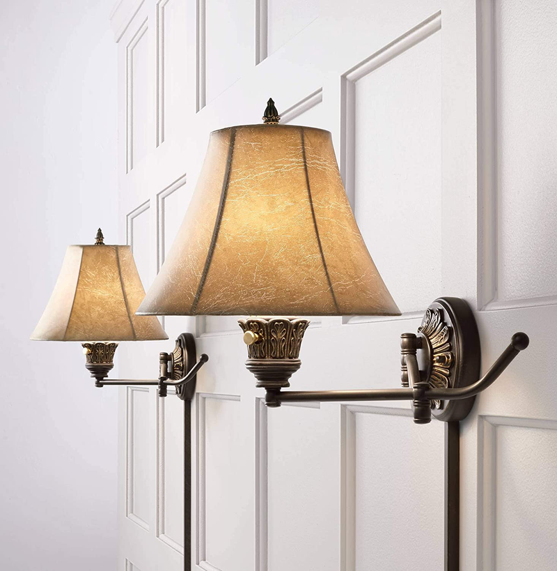 Rosslyn Rustic French Country Swing Arm Wall Lamps Set of 2 Bronze Plug-In Light Fixture Faux Leather Bell Shade for Bedroom Bedside House Reading Living Room Home Dining - Barnes and Ivy Home & Garden > Lighting > Lighting Fixtures > Wall Light Fixtures KOL DEALS   