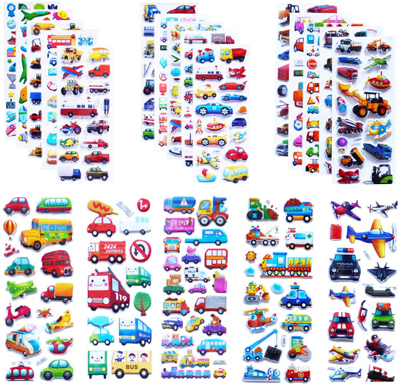 Kids Cars and Trucks Stickers Party Supplies Pack, 20 Different Sheets, Boy Stickers, Vehicle Stickers for Kids Toddler Boys with Cars, Fire Trucks, Construction, Buses, Airplane, Rocket and More