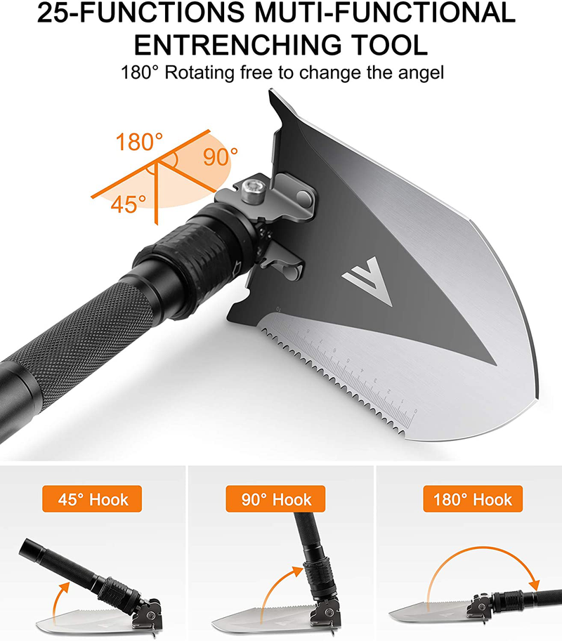 Fivejoy Gifts for Men Dad -Camping Shovels Multitool with Flashlight 25-In-1 Folding Shovel High Carbon Steel Tactical Shovel Portable Foldable Survival Tool, with Micro USB Input and Output Port