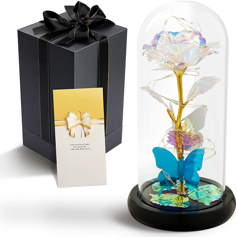 HOOJO Forever Rose Gift for Women, Birthday Gift for Mom, Colorful Beauty and the Beast Enchanted Preserved Rose in Glass Dome with LED Light for Valentine'S Day, Mother'S Day Home & Garden > Decor > Seasonal & Holiday Decorations HOOJO   