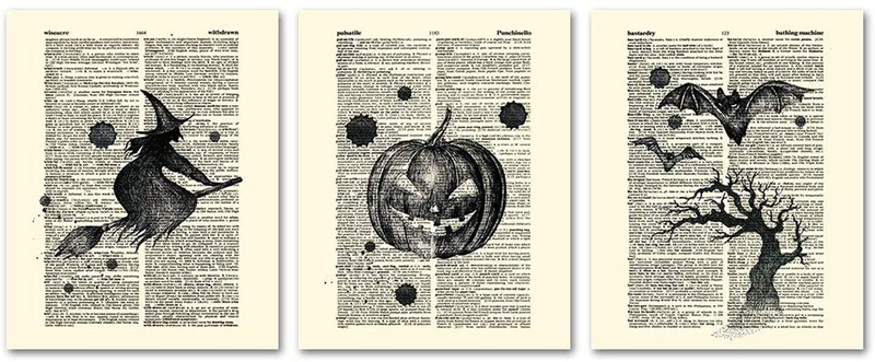 SUMGAR Halloween Decor Vintage Dictionary Page Papers Posters Pumpkin Lantern Witch on Broom Bat Night Flight Spooky Art Prints Set of 3 - 8x10s Arts & Entertainment > Party & Celebration > Party Supplies SUMGAR Default Title  