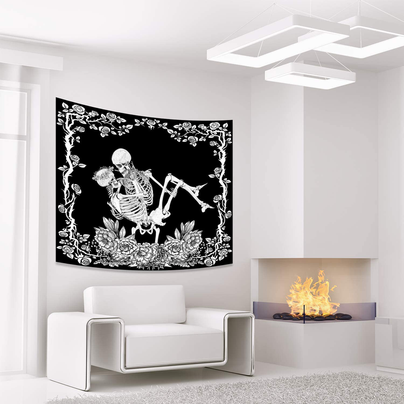 FEPITO Skull Tapestry Kissing Lovers Tapestry Funny Skeleton Tapestry Romantic Black and White Tapestry for Wall Bedroom Dorm Living Room Decor Haunted House Halloween Decorations 59 in X 51 in Home & Garden > Decor > Artwork > Decorative Tapestries FEPITO   