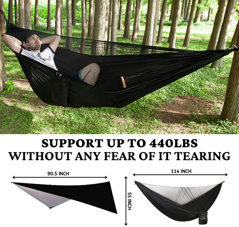 EXELUST Camping Hammock with Rainfly Cover, Mosquito Bug Net, Tree Straps, Waterproof Tree Hammock - Portable Single Double Nylon Lightweight Parachute for Camping, Backpacking, and Hiking (Black) Sporting Goods > Outdoor Recreation > Camping & Hiking > Mosquito Nets & Insect Screens EXELUST   