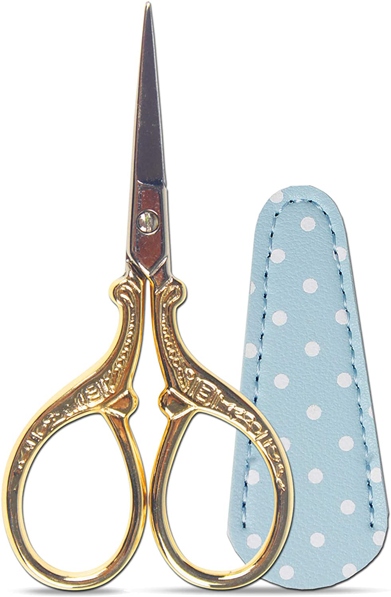 Hisuper Embroidery Scissors Set with Leather Sheaths for Sewing Crafting, Art Work, Threading, Needlework DIY Tools Dressmaker Small 3.6 inch Shears Cross Stitch Knitting Scissor Arts & Entertainment > Hobbies & Creative Arts > Arts & Crafts > Art & Crafting Tools > Craft Measuring & Marking Tools > Stitch Markers & Counters Hisuper Gold 3.6 inch 