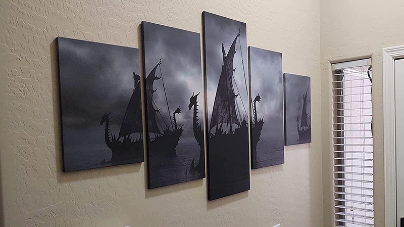 Norse Decor Black and White Painting Vikings Ship Artwork Fantasy Sailing Boat Pictures for Living Room Home 5 Panel Dragon Canvas Wall Art Modern Framed Ready to Hang Posters and Prints(60''Wx32''H)