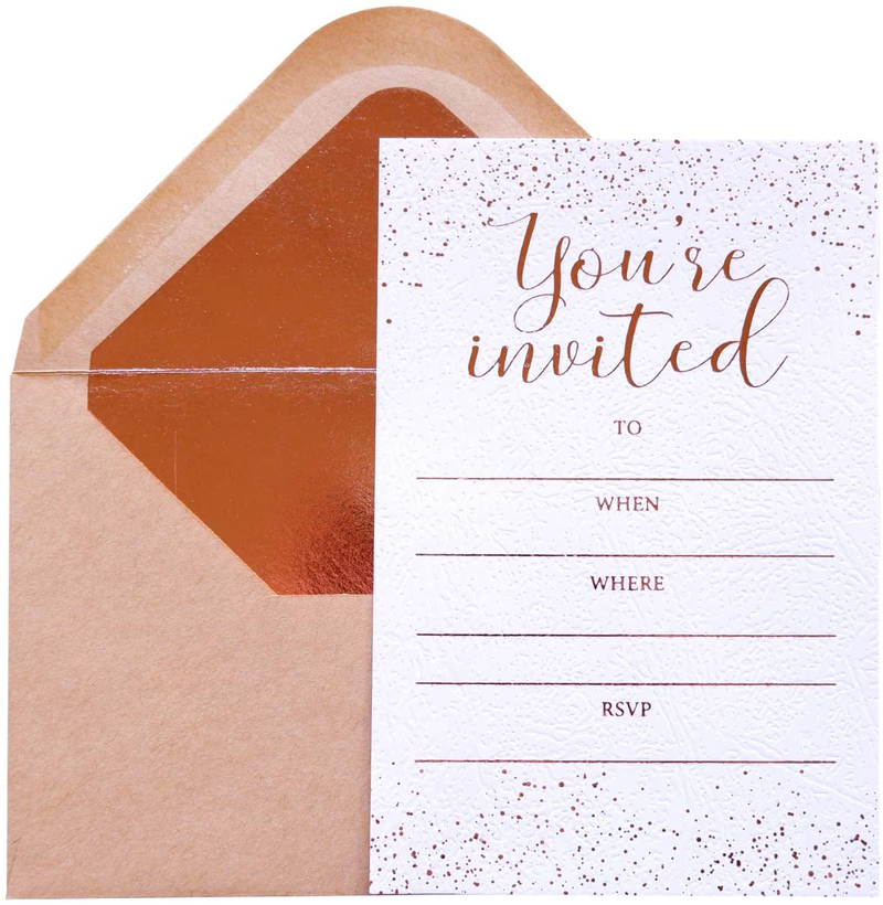 Invitation Cards - 24-Count 4" x 6" White Invitation Cards ‘’You Are Invited’’ in Rose Gold Foil Lettering with 26 Foil Kraft Envelopes – For Wedding, Bridal Shower, Baby Shower, Birthday Invitations