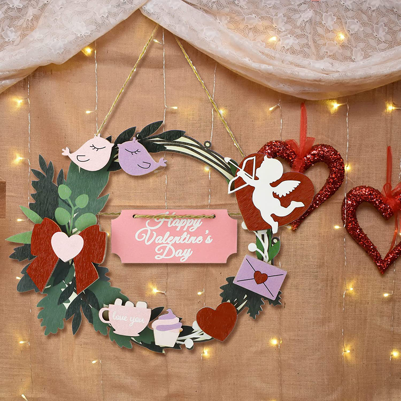 Happy Valentine'S Day Wreaths Wooden Leaves Wreaths Valentine Wooden Hanging Sign Decorations for Valentines Party Supplies Front Door Wall Decor Home & Garden > Decor > Seasonal & Holiday Decorations Qunclay   