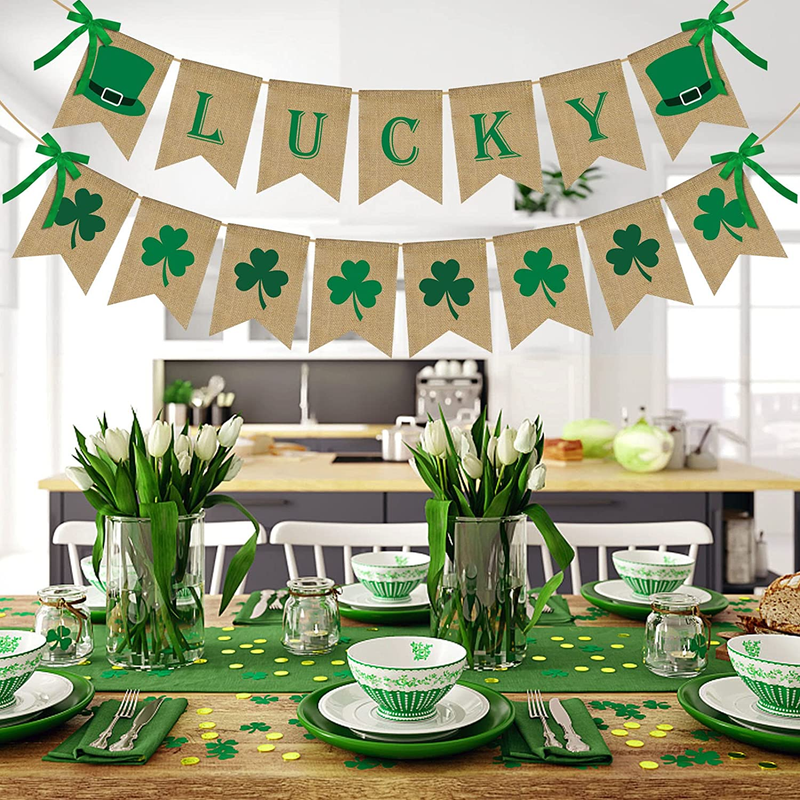 ERKOON 2 Pack St Patrick'S Day Decorations Lucky Banner Shamrock Garland Banner Rustic Burlap for Irish Day Decorations Party Supplies Arts & Entertainment > Party & Celebration > Party Supplies ERKOON   