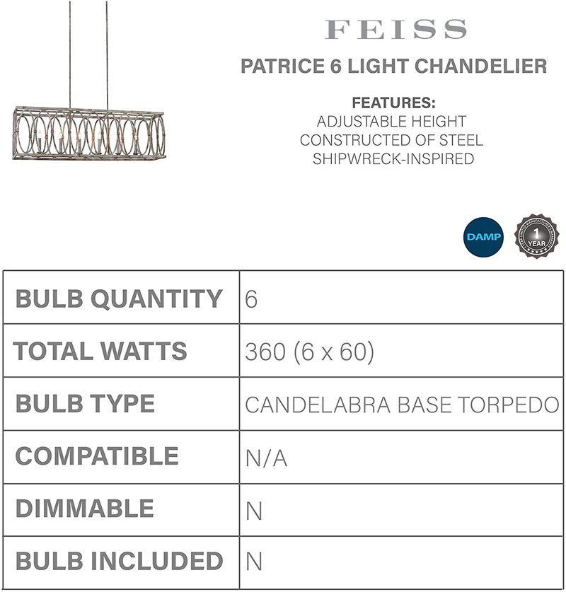 Feiss F3224/6DA Patrice Candle Linear Chandelier Lighting, 6-Light 360 Watts (47" L x 16" H), Deep Abyss Home & Garden > Lighting > Lighting Fixtures > Chandeliers Feiss   