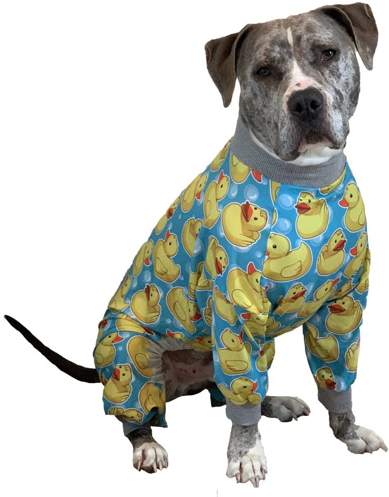 Tooth and Honey Pit Bull Pajamas/Rubber Duck Print/Lightweight Pullover Pajamas/Full Coverage Dog Pjs/Yellow with Grey Trim