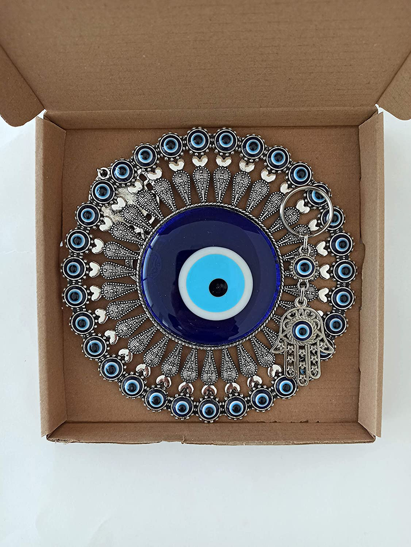 Erbulus Large Glass Turkish Blue Evil Eye Wall Hanging Ornament with Little Hearts – Turkish Nazar Bead - Home Protection Charm with Hamsa Keychain - Wall Decor Amulet in a Box Home & Garden > Decor > Artwork > Sculptures & Statues Erbulus   