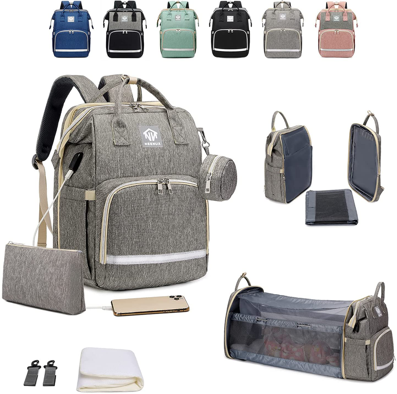 NEENUX Diaper Bag Backpack - 3 in 1 Diaper Bag with Changing Station, Baby Bag Diaper Backpack, Travel Bassinet Foldable Baby Bed, Portable Changing Pad, Baby Bags for Boys and Girls, USB Charger Port Sporting Goods > Outdoor Recreation > Camping & Hiking > Mosquito Nets & Insect Screens NEENUX Grey  