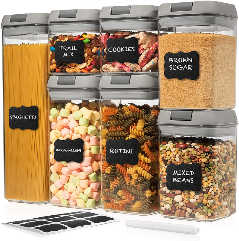 Shazo Airtight Container Set for Food Storage - 7 Piece Set + Heavy Duty Plastic - BPA Free - Airtight Storage Clear Plastic W/White Interchangeable Lids Kitchen Counter Storage Bin -18 Labels+Marker Home & Garden > Kitchen & Dining > Food Storage Shazo 7 pc Gray  
