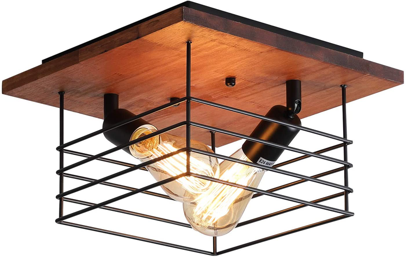 Rustic Farmhouse Wood Flush Mount Light Fixture Two-Light Metal Cage Industrial Flush Mount Ceiling Light for Hallway Bedroom Kitchen Entryway, Black