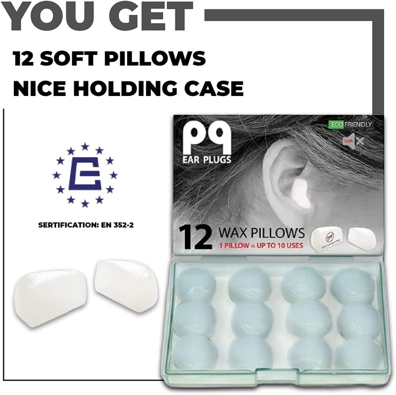 PQ Wax Ear Plugs for Sleep - 12 Silicon Wax Earplugs for Sleeping and Swimming - Gel Ear Plugs for Noise Cancelling & Ear Protection - Sleeping Earplugs with Sound Blocking Level of 32 Db (12-Pillows) Sporting Goods > Outdoor Recreation > Boating & Water Sports > Swimming Peace&Quiet   