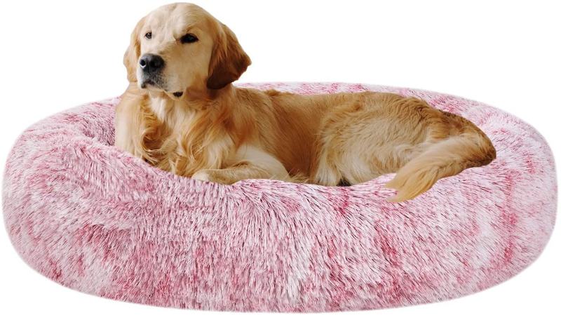 Coohom Oval Calming Donut Cuddler Dog Bed,Shag Faux Fur Cat Bed Washable round Pillow Pet Bed(30"/36") for Small Medium Dogs Animals & Pet Supplies > Pet Supplies > Dog Supplies > Dog Beds Coohom Red XL(36"x27"x7") 