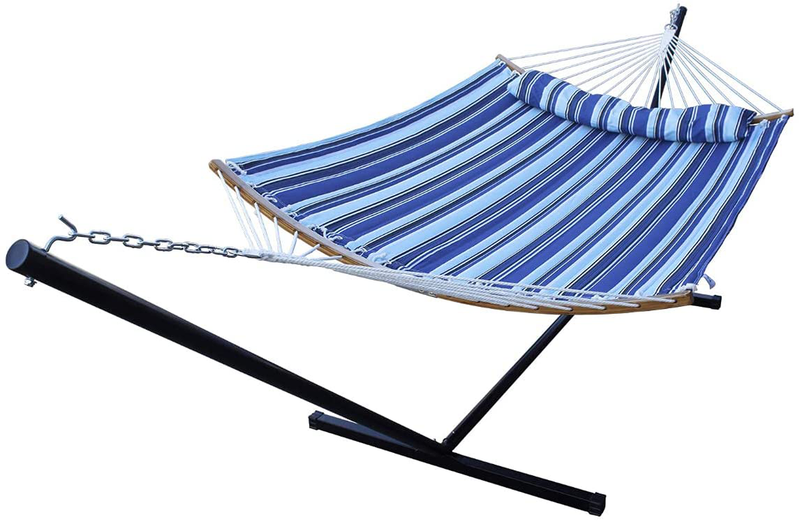 HENG FENG 2 Person Double Hammock with 12 Foot Portable Steel Stand and Curved Bamboo Spreader Bars, Detachable Pillow, Quilted Fabric Bed, Blue & Aqua Home & Garden > Lawn & Garden > Outdoor Living > Hammocks HENG FENG Catalina Beach Hammock with Stand 