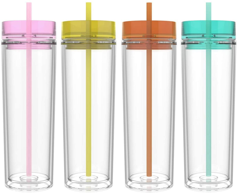 Maars Drinkware Double Wall Insulated Skinny Acrylic Tumblers with Straw and Lid, 16 oz. (4 pack, Clear) Home & Garden > Kitchen & Dining > Tableware > Drinkware Maars Drinkware Carnival 4 pack 