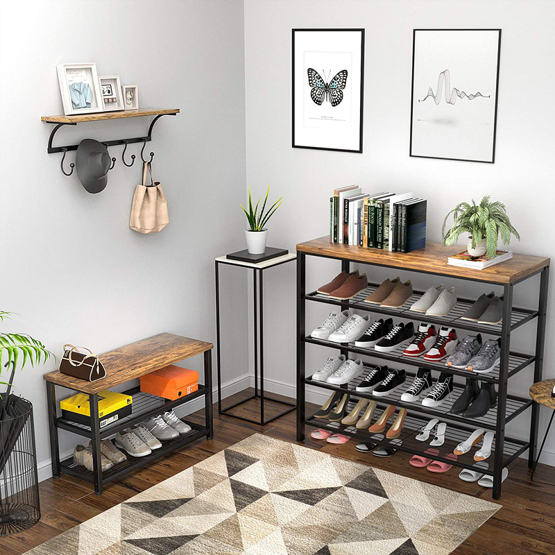 Homfio Shoe Rack, 3 Tier Shoe Rack Bench, Industrial Shoe Storage Organizer, Entry Bench, 3-Tier Metal Shoe Rack Shelves with MDF Top Board, Entryway Table for Hallway, Living Room, Closet, Bedroom Furniture > Cabinets & Storage > Armoires & Wardrobes Topfurny   