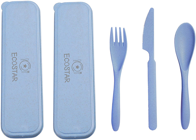 ECOSTAR Portable Wheat Straw Cutlery Set, 3-Piece Reusable Eco-Friendly BPA Free Utensils including Biodegradable Knife Spoon Fork and Travel Case - Great for Kids and Adults (Blue, 1) Home & Garden > Kitchen & Dining > Tableware > Flatware > Flatware Sets ECOSTAR Blue 2 