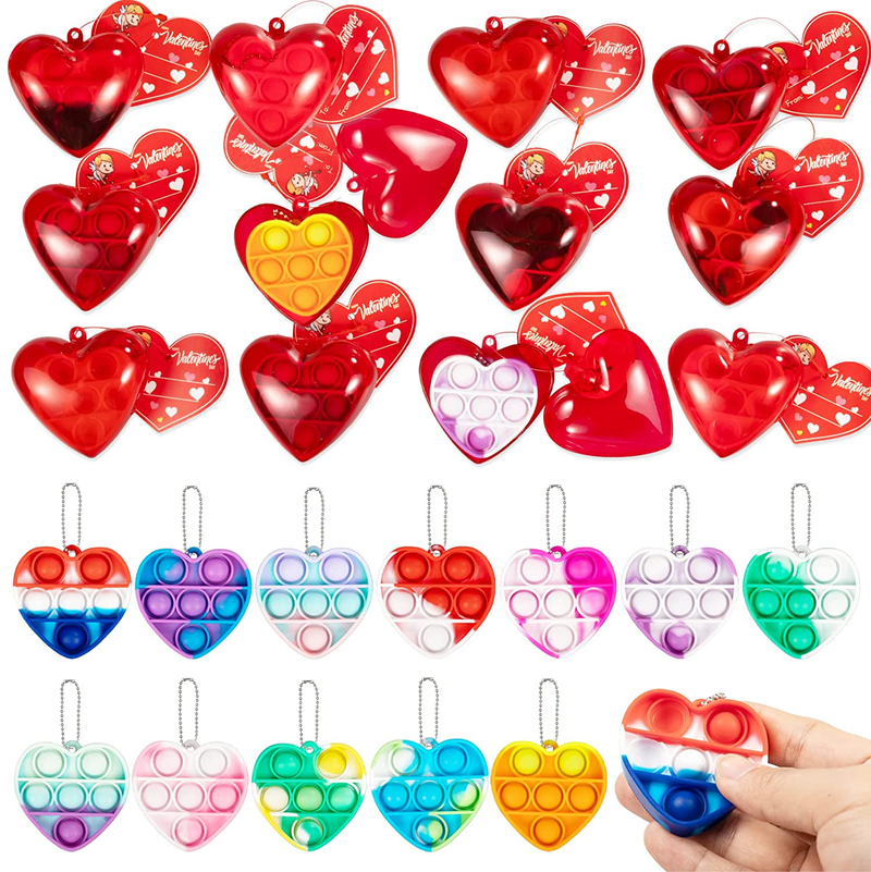 Kids Valentines Day Gifts for Classroom - Valentine Prefilled Hearts with Poppers Fidget Keychains and Gift Tags for Boys Girls School Exchange Gifts, Party Favor Prizes, Valentine’S Greeting Gifts, 12 Pack