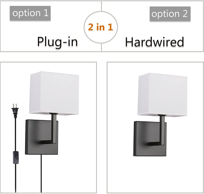 Plug in Wall Sconce Set of 2, Indoor Bedside Wall Lamp Light with Plug-In Cord and on off Toggle Switch, Vintage Industrial Nightstand Lamps with White Fabric Square Lamp Shade for Living Room, Black